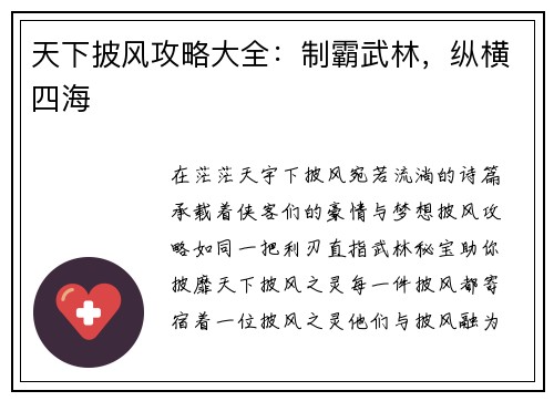 天下披风攻略大全：制霸武林，纵横四海